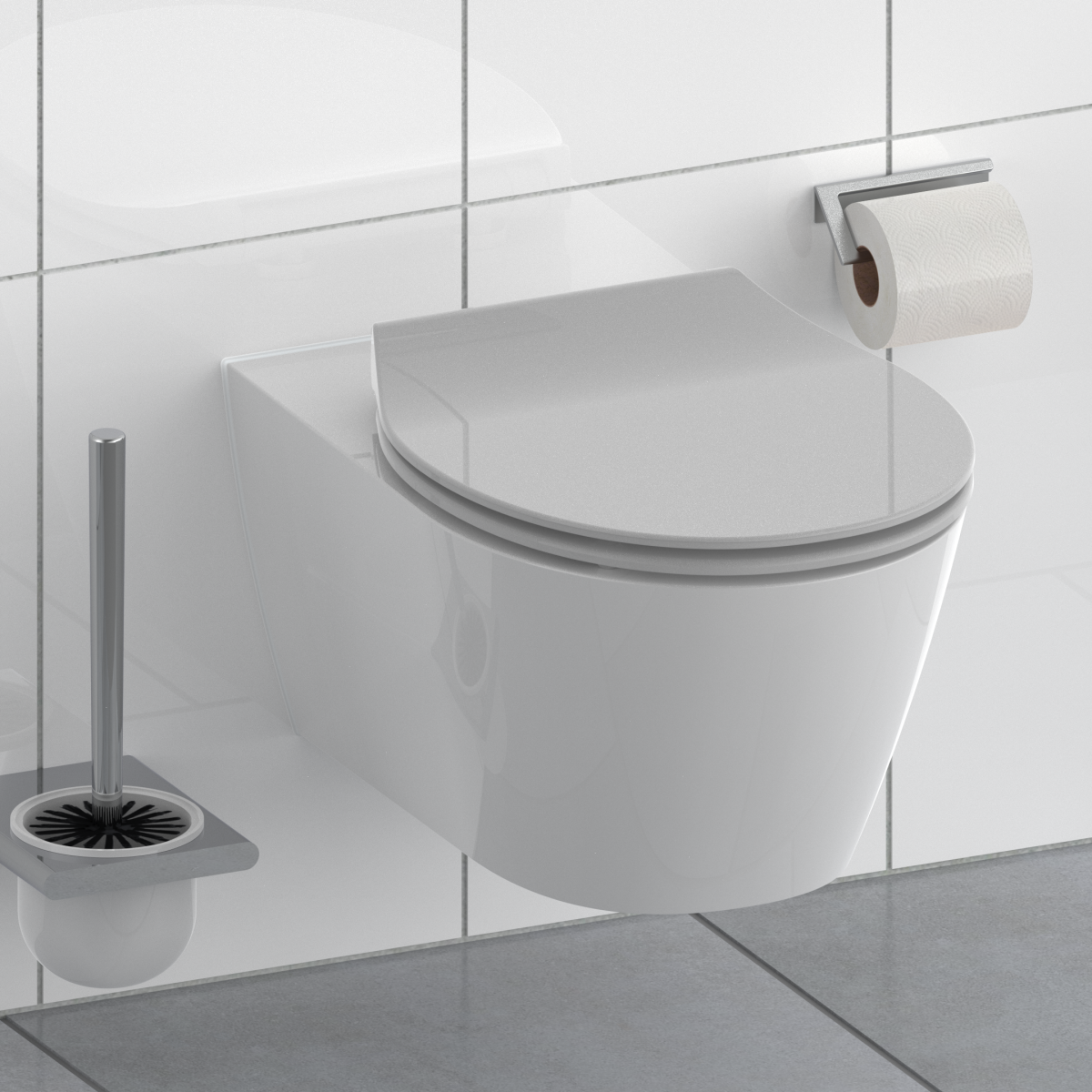 Wandhängendes WC mit geschlossenem Deckel, daneben Toilettenpapierhalter und WC-Bürste.