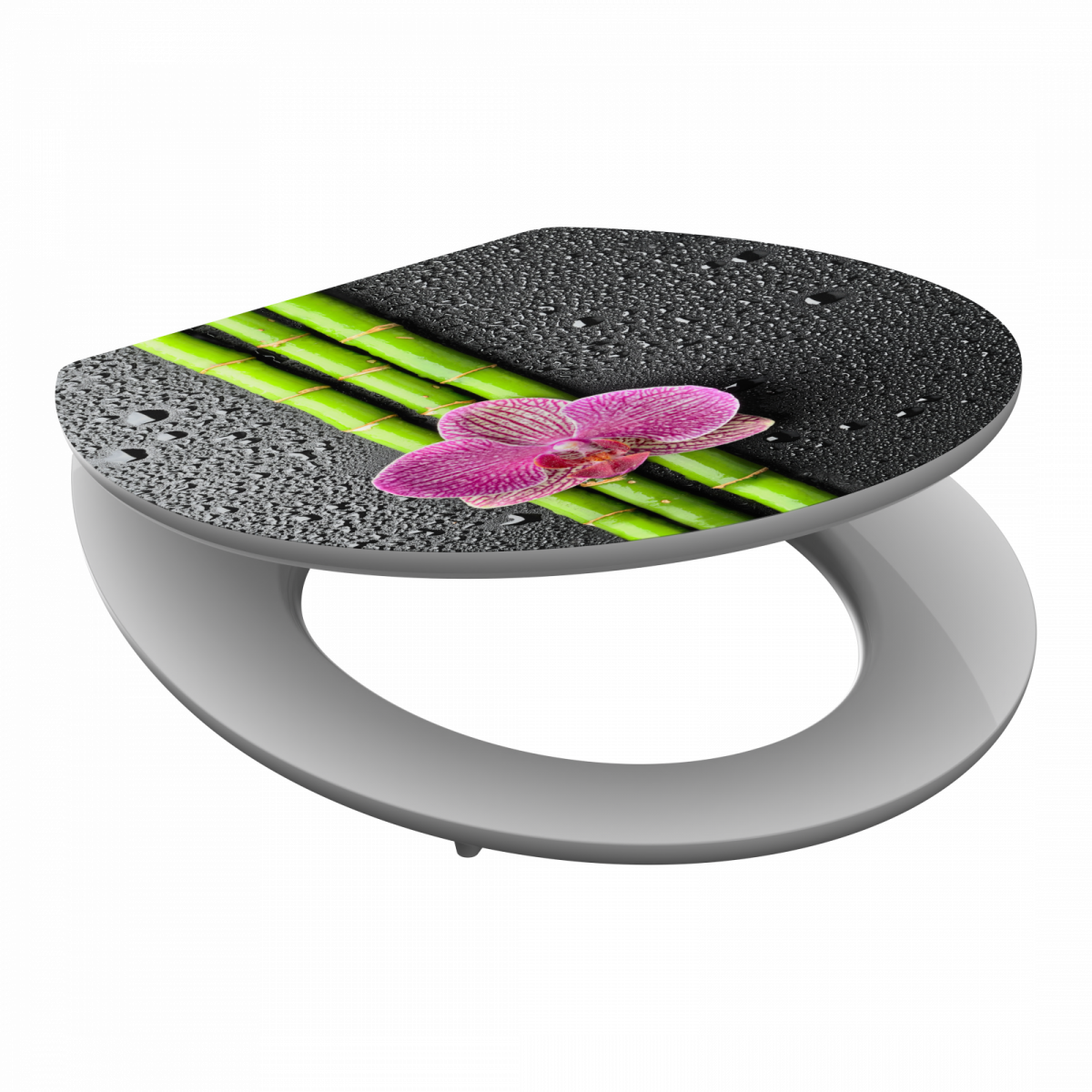 Toilettensitz mit Motiv aus grünen Bambusstäben, rosa Orchidee und Wassertropfen.