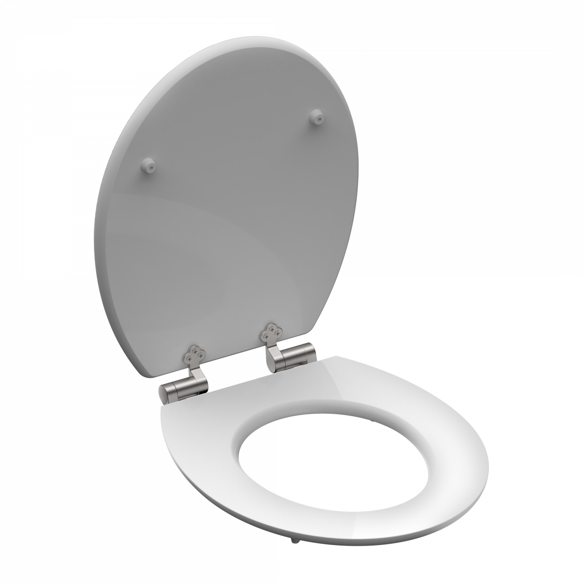 Weißer Toilettensitz mit aufgeklapptem Deckel und silbernen Metallscharnieren.