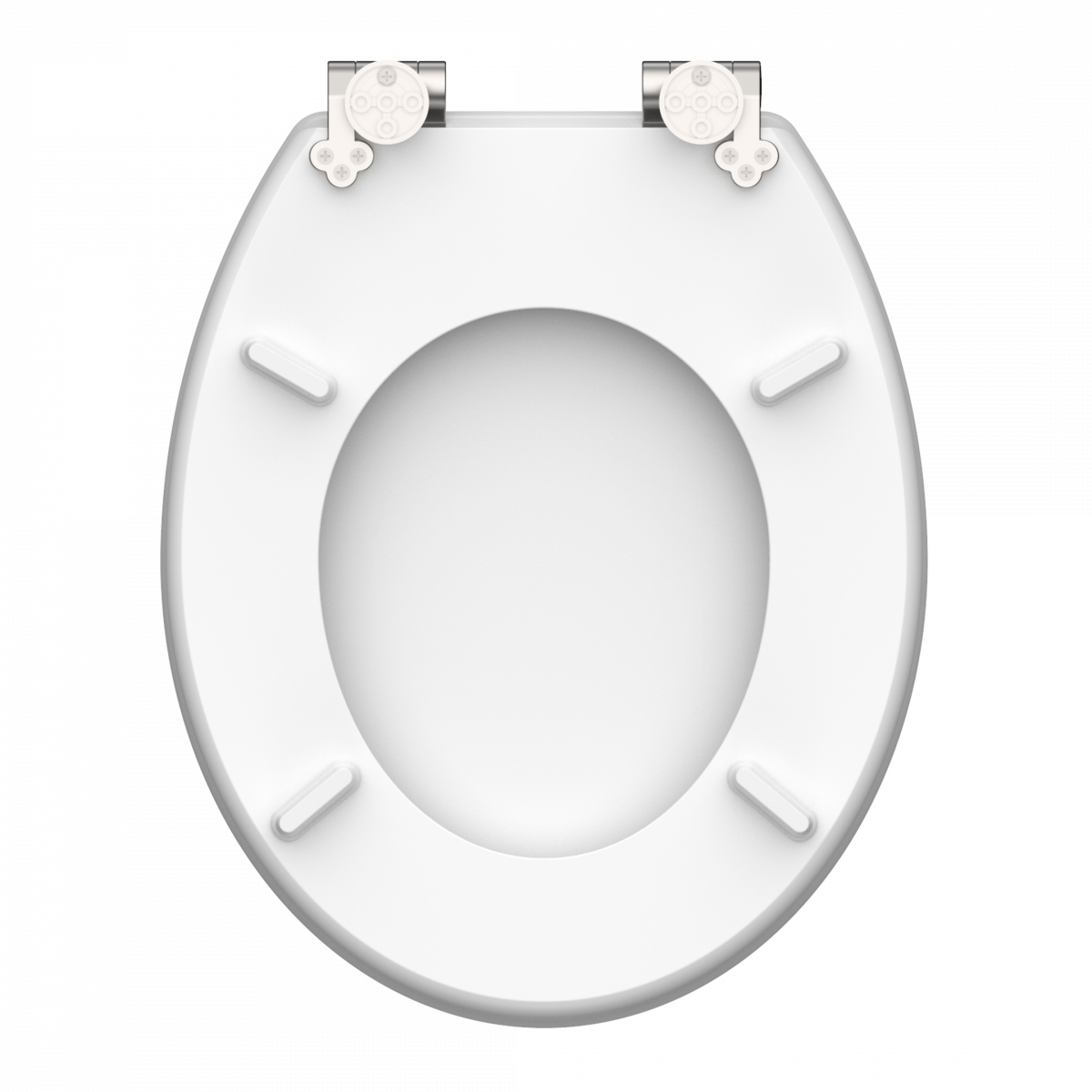 Weißer ovaler WC-Sitz mit Metall-Scharnieren und vier Abstandshaltern auf der Unterseite.