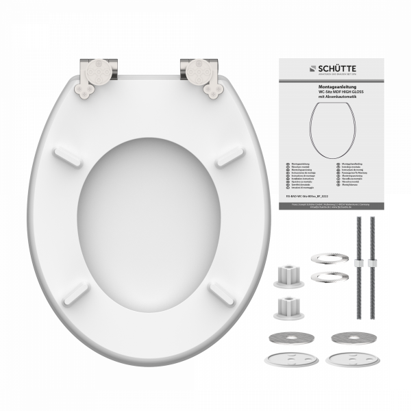Weißer WC-Sitz in ovaler Form mit Montageset und beiliegender Anleitung.
