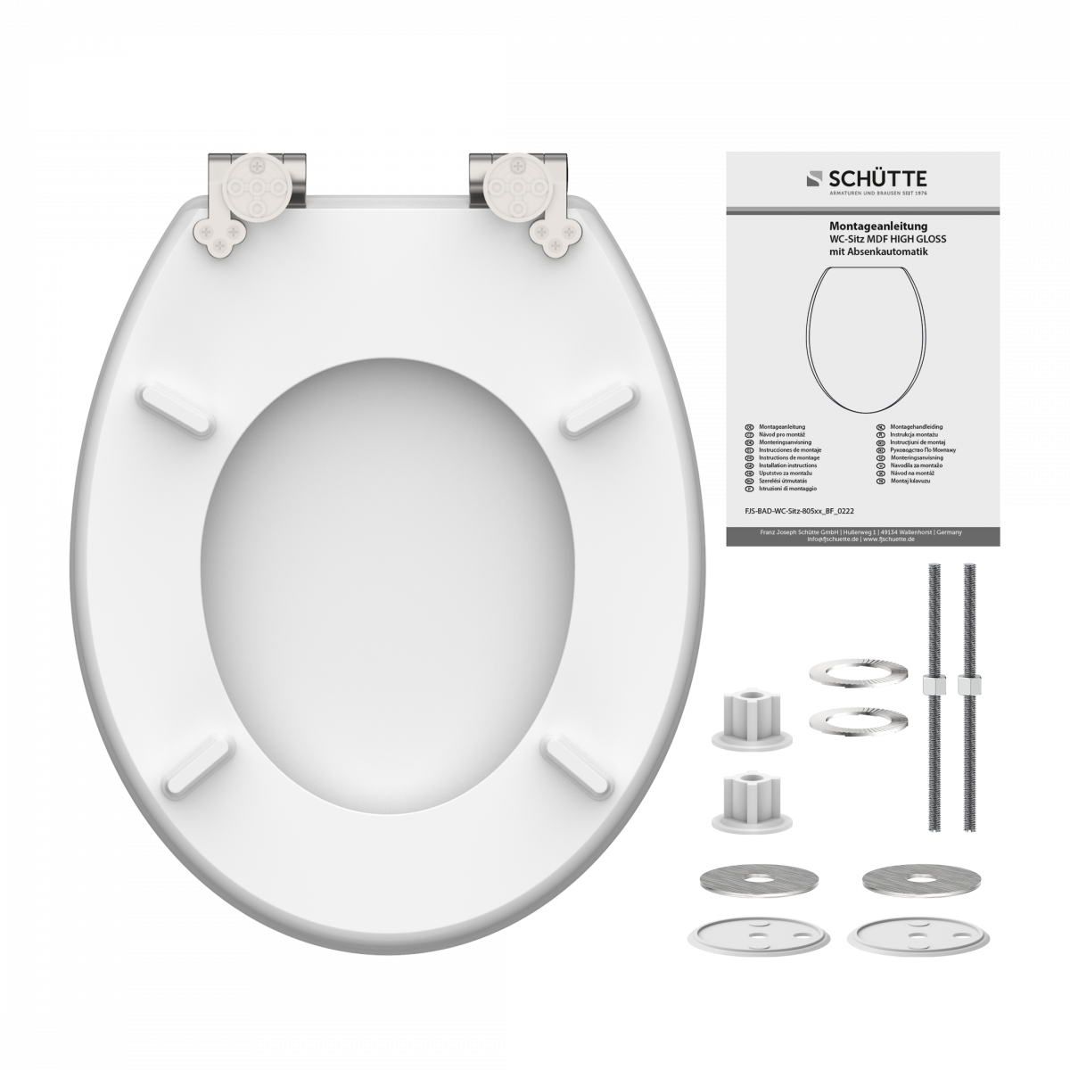 Weißer WC-Sitz in ovaler Form mit Montageset und beiliegender Anleitung.