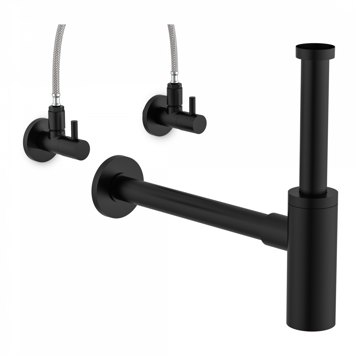 Schwarzes Siphonset mit zwei Eckventilen und waagerechtem Flaschen-Siphon