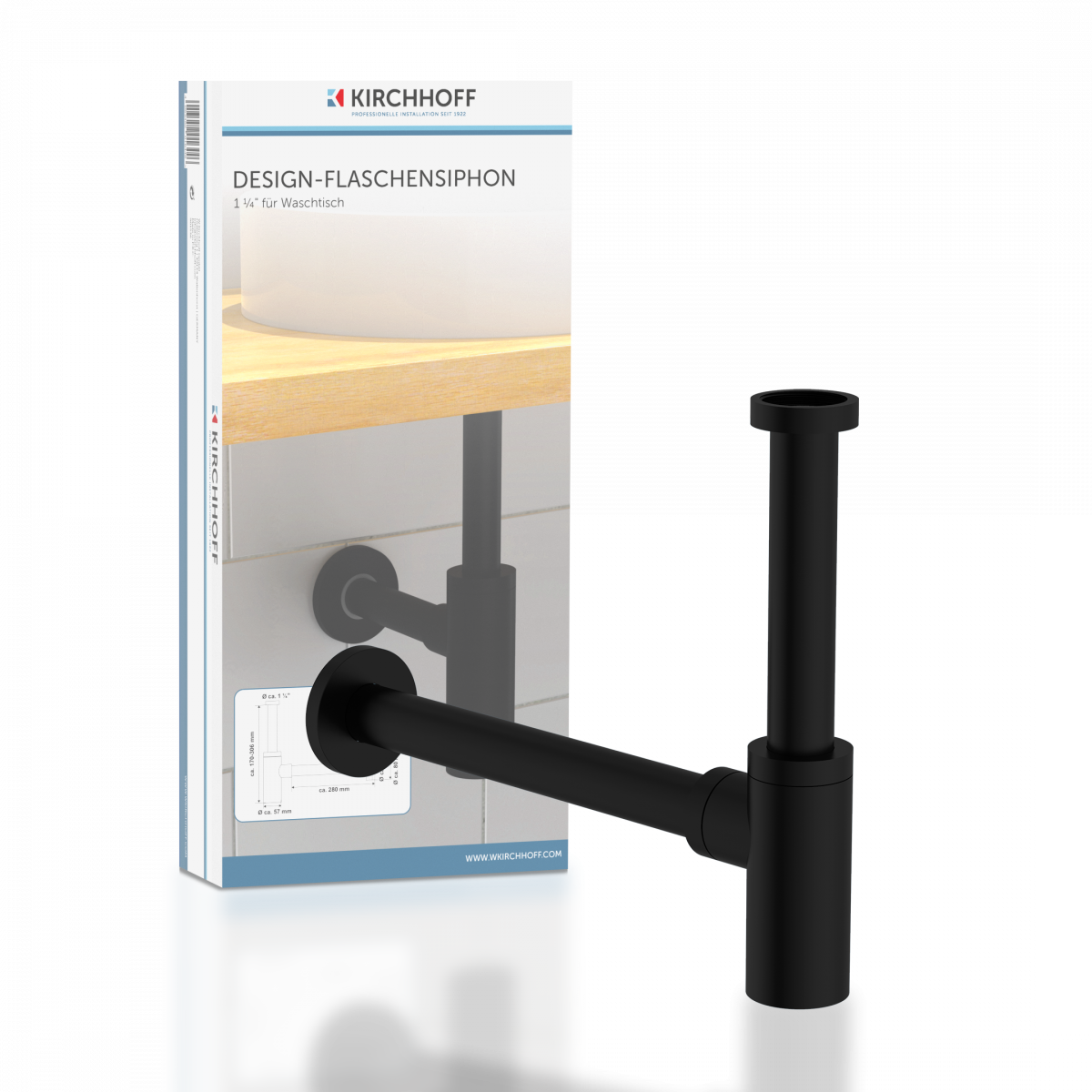 Schwarzer Flaschensiphon aus Metall vor Verpackung mit Produktabbildung - Design-Flaschensiphon.