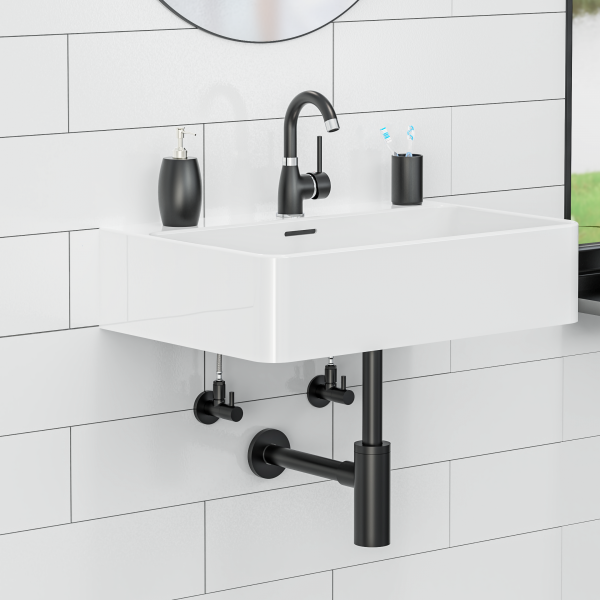 Flaschensiphon in schwarz matt unter einem Waschbecken