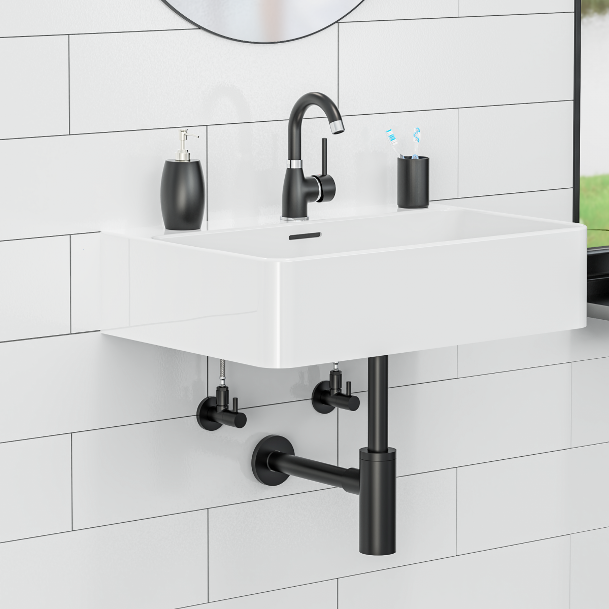 Flaschensiphon in schwarz matt unter einem Waschbecken