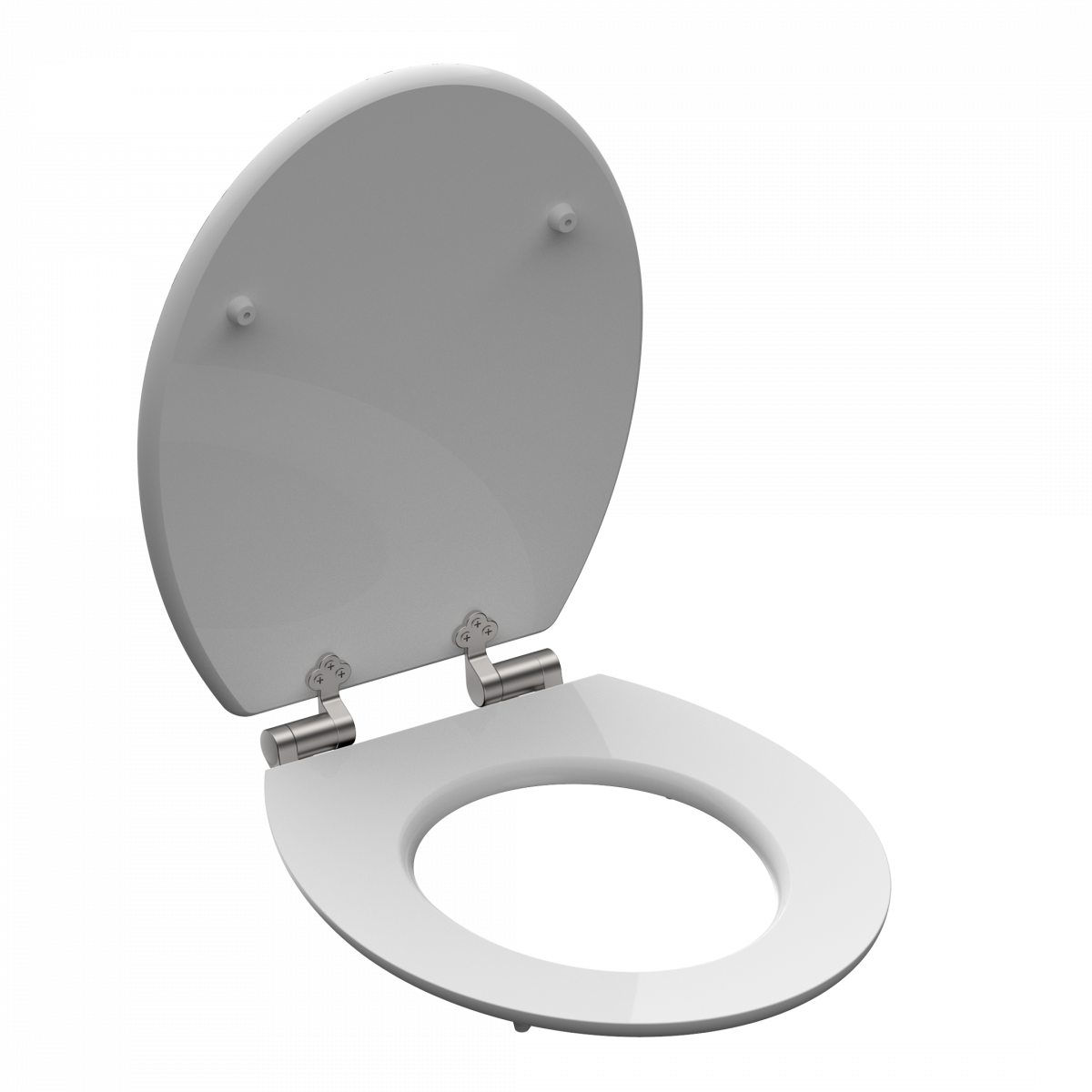 Weißer WC-Sitz mit geöffnetem Deckel und silbernen Metallscharnieren.