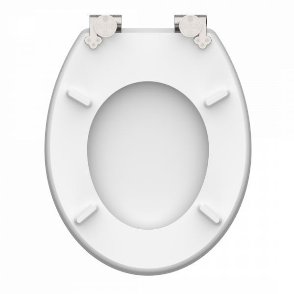 Weißer WC-Sitz in ovaler Form mit sichtbaren Scharnieren und vier Auflagepunkten.