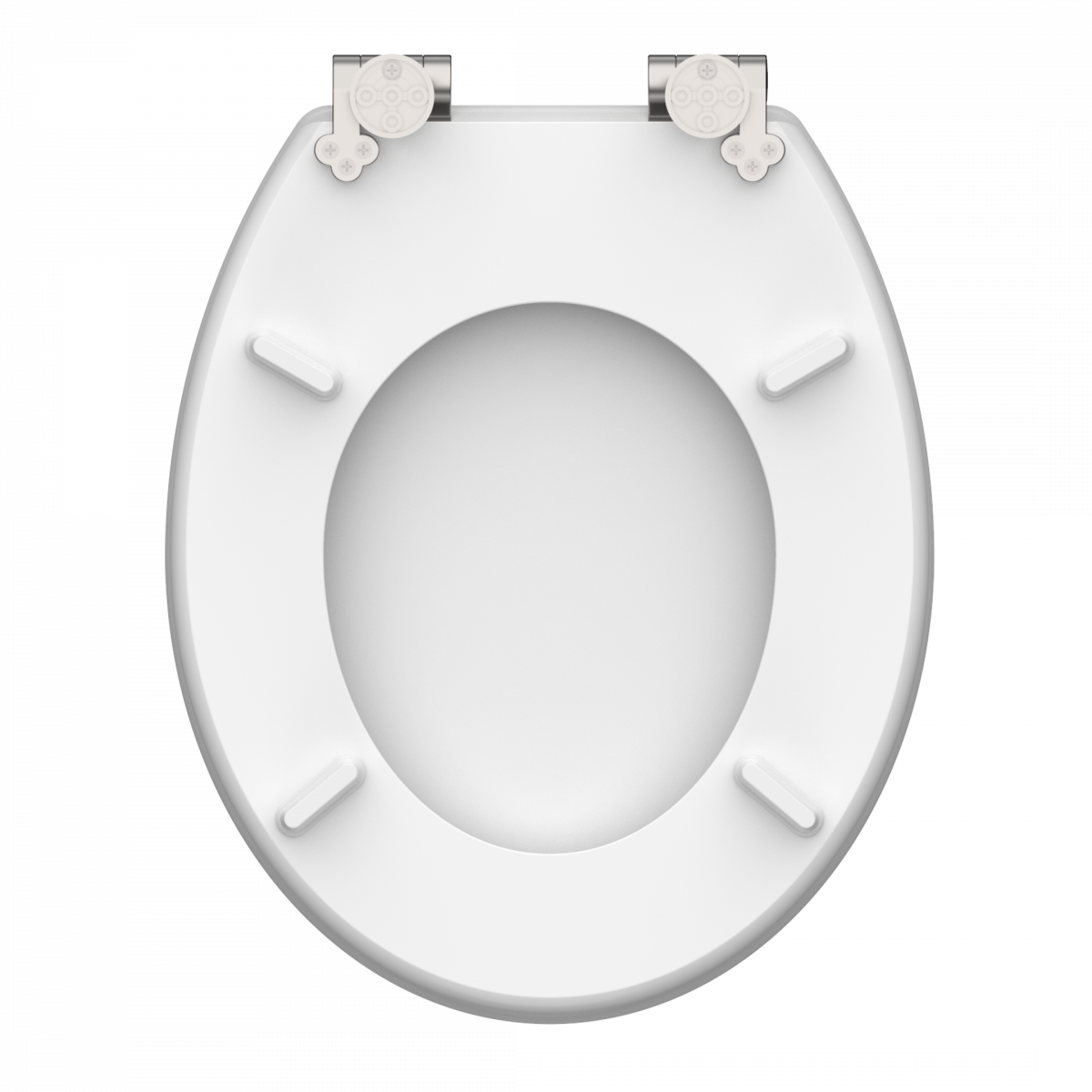 Weißer WC-Sitz in ovaler Form mit sichtbaren Scharnieren und vier Auflagepunkten.