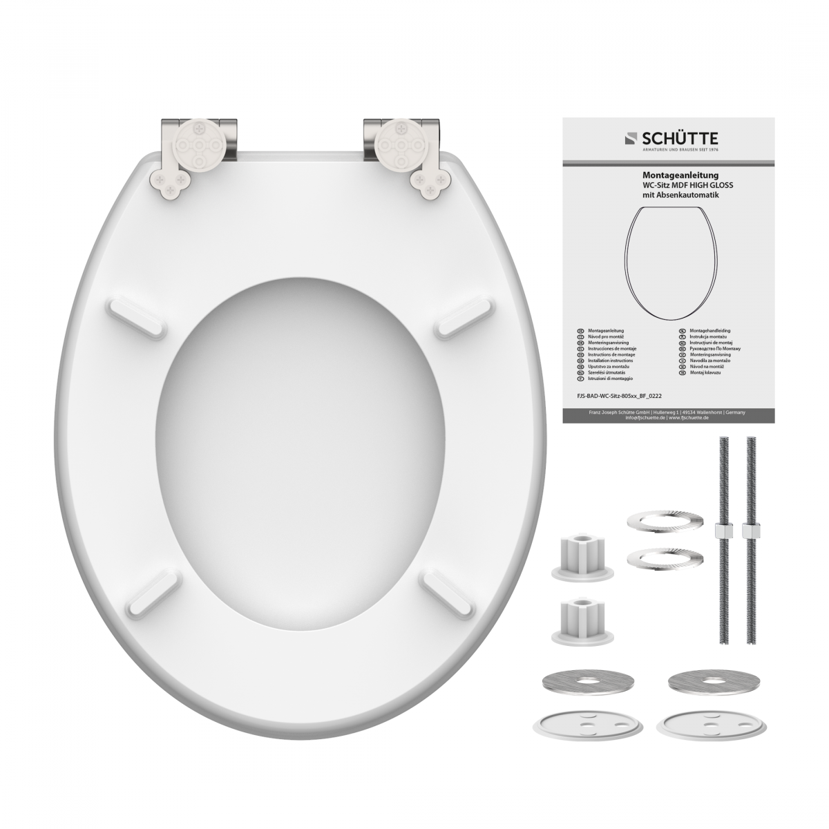 Weißer WC-Sitz mit Montageset, Scharnieren und beiliegender Anleitung.