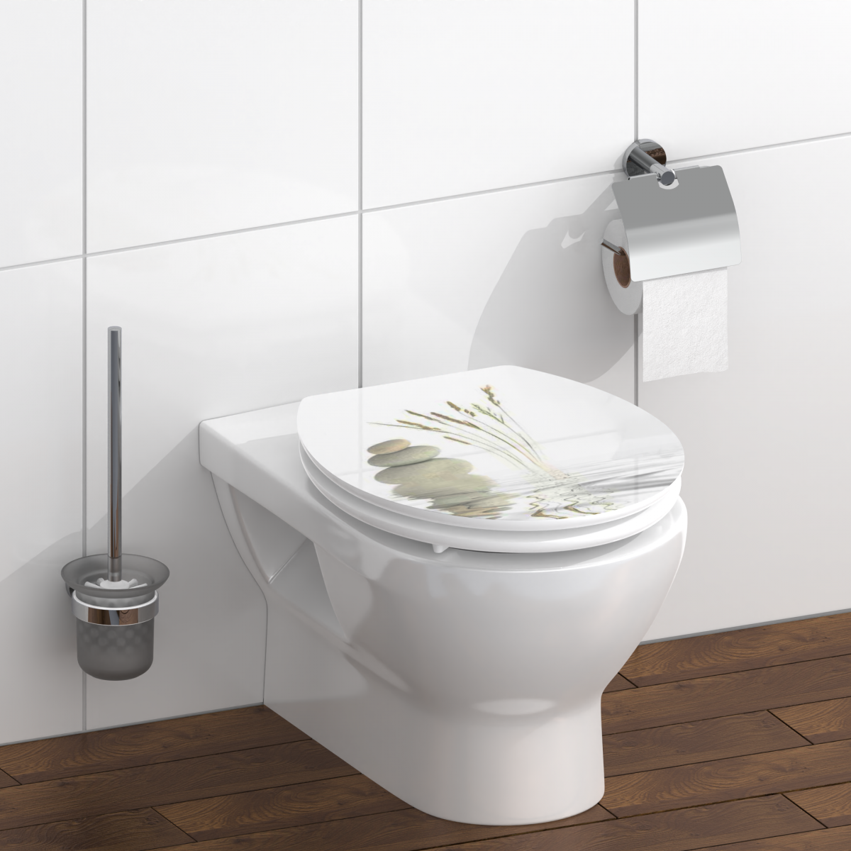 Wandhängende Toilette mit geschlossenem Deckel und Naturmotiv, daneben Bürste und Papierhalter.
