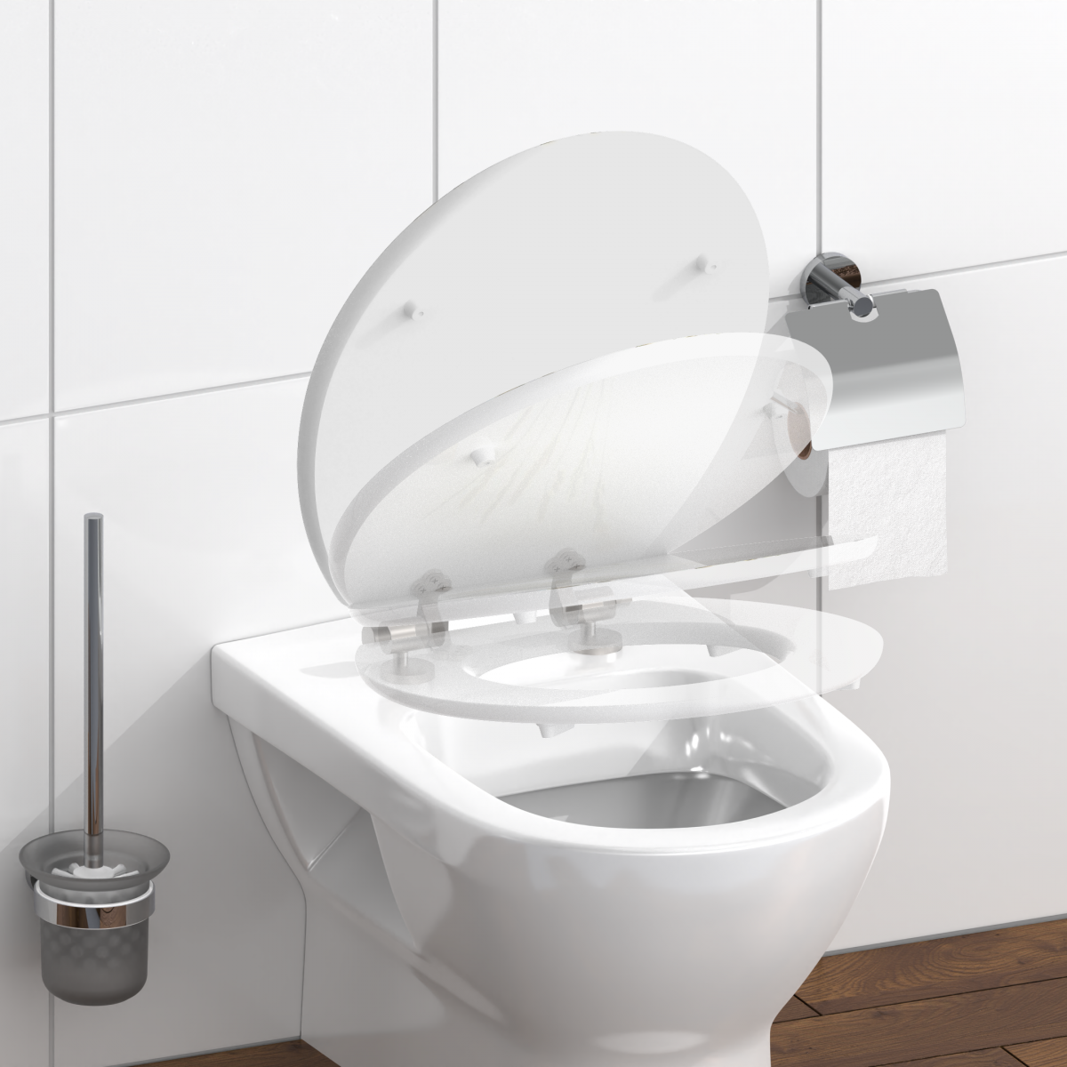 Weiße WC-Schüssel mit geöffnetem Toilettensitz und Wandhalterung für Toilettenpapier.