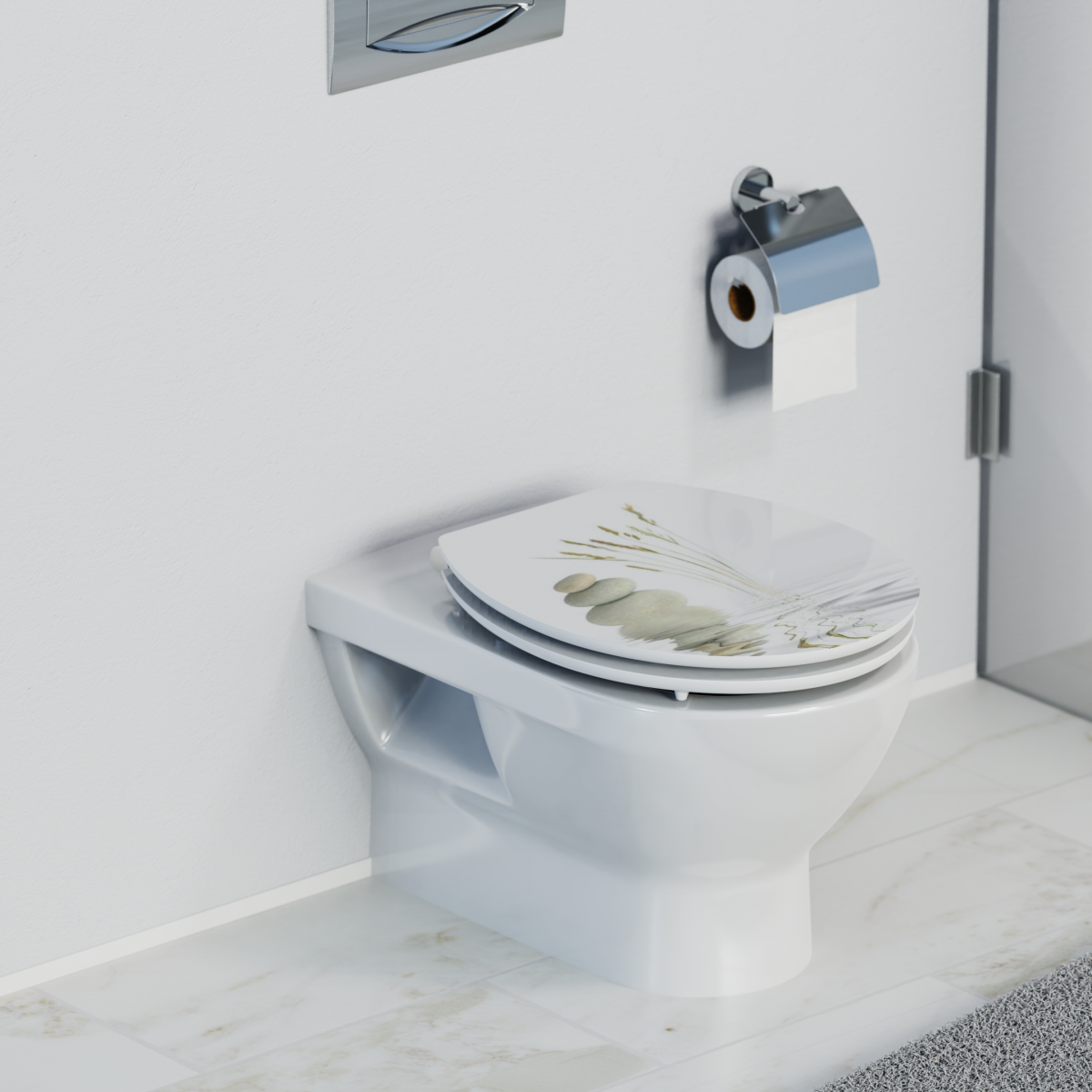 Wandhängendes WC mit geschlossenem Toilettendeckel und Pflanzenmotiv, daneben Halter mit Papierrolle.