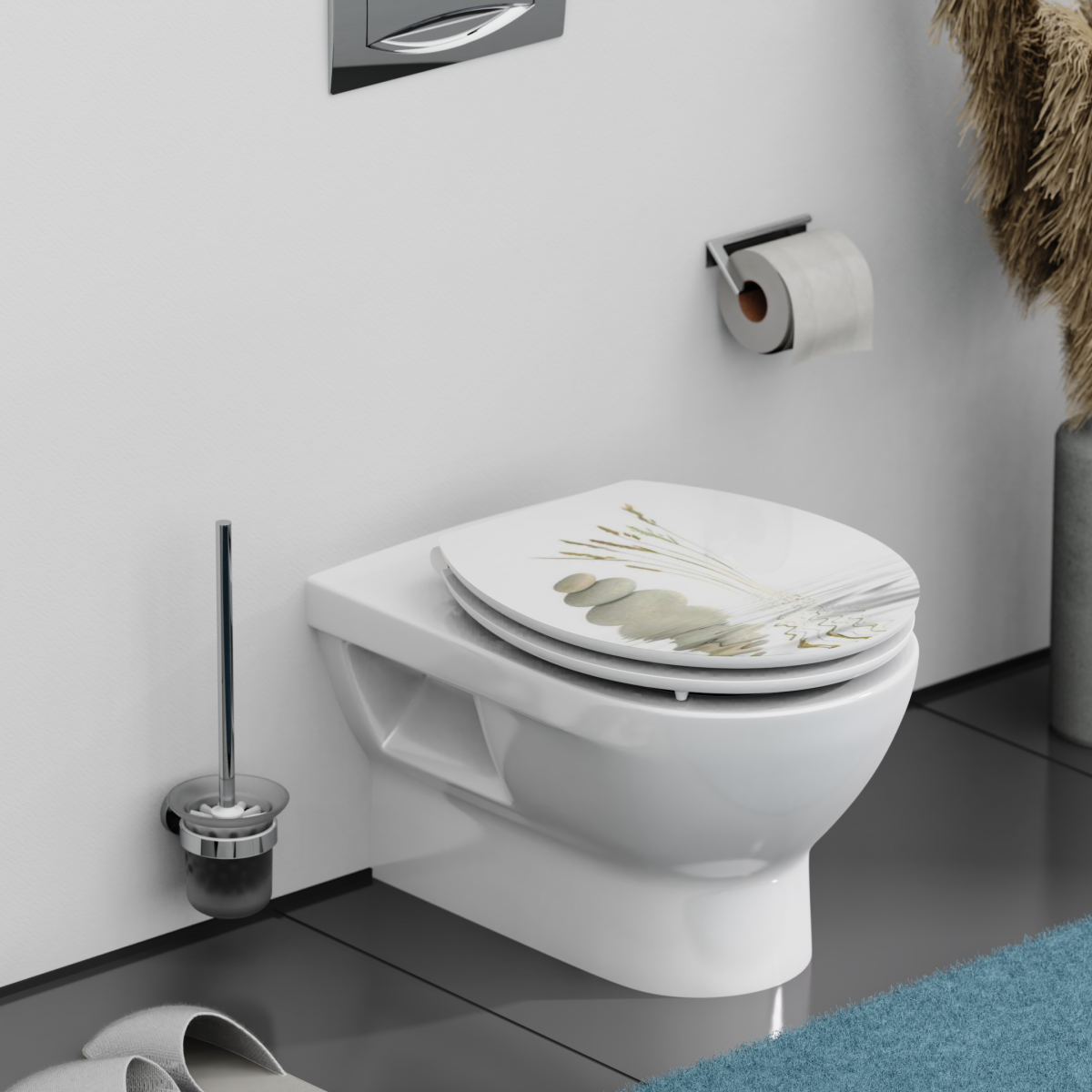 Wandhängende Toilette mit geschlossenem Sitzdeckel und Naturmotiv neben Toilettenpapierhalter.