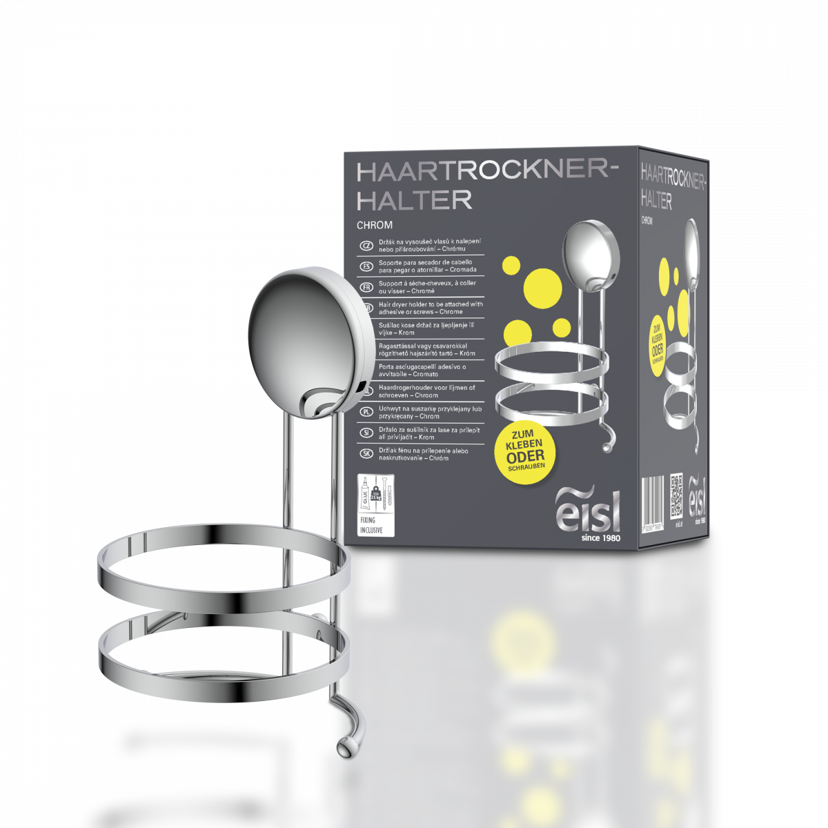 Verchromter Haartrocknerhalter mit runder Wandbefestigung und Verpackung im Hintergrund.
