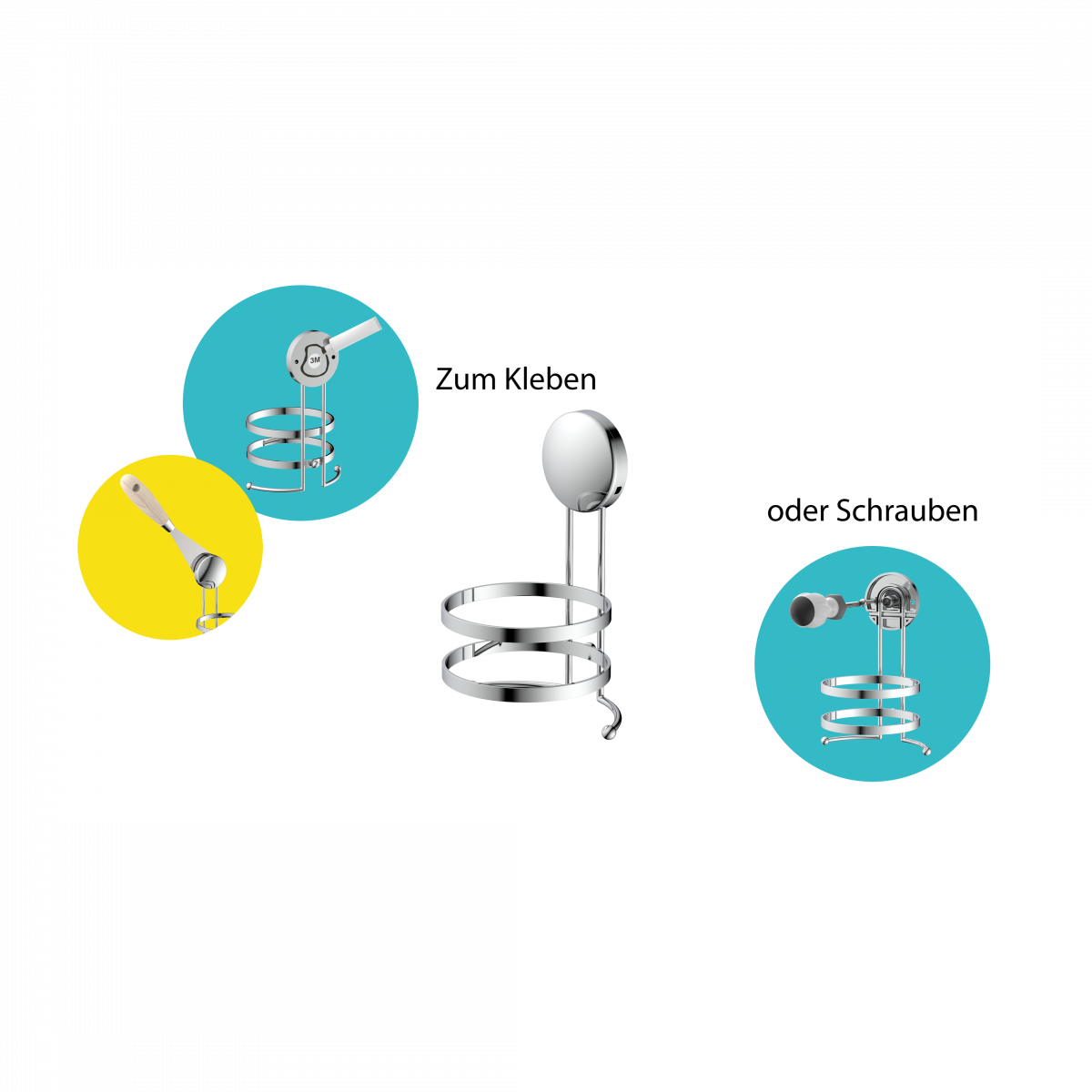 Metallhalterung mit runder Befestigung, wahlweise zum Kleben oder Schrauben.
