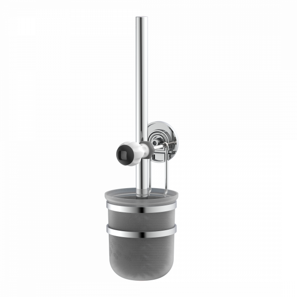 Wandhalterung mit WC-Bürste und satiniertem Glasbehälter aus Metall und Kunststoff.