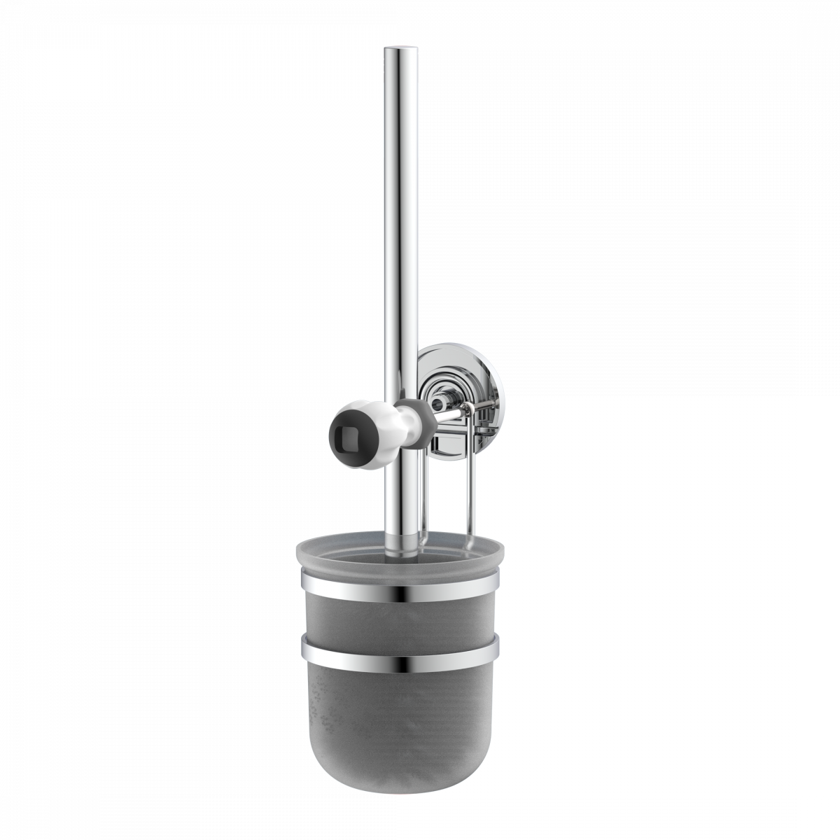 Wandhalterung mit WC-Bürste und satiniertem Glasbehälter aus Metall und Kunststoff.