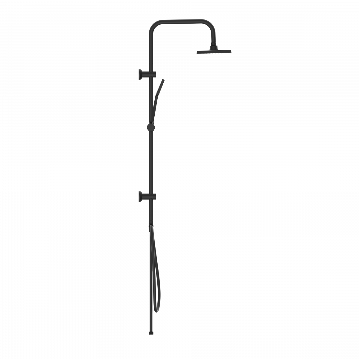 Schwarzes Duschsystem mit rundem Duschkopf, Handbrause und höhenverstellbarer Stange.