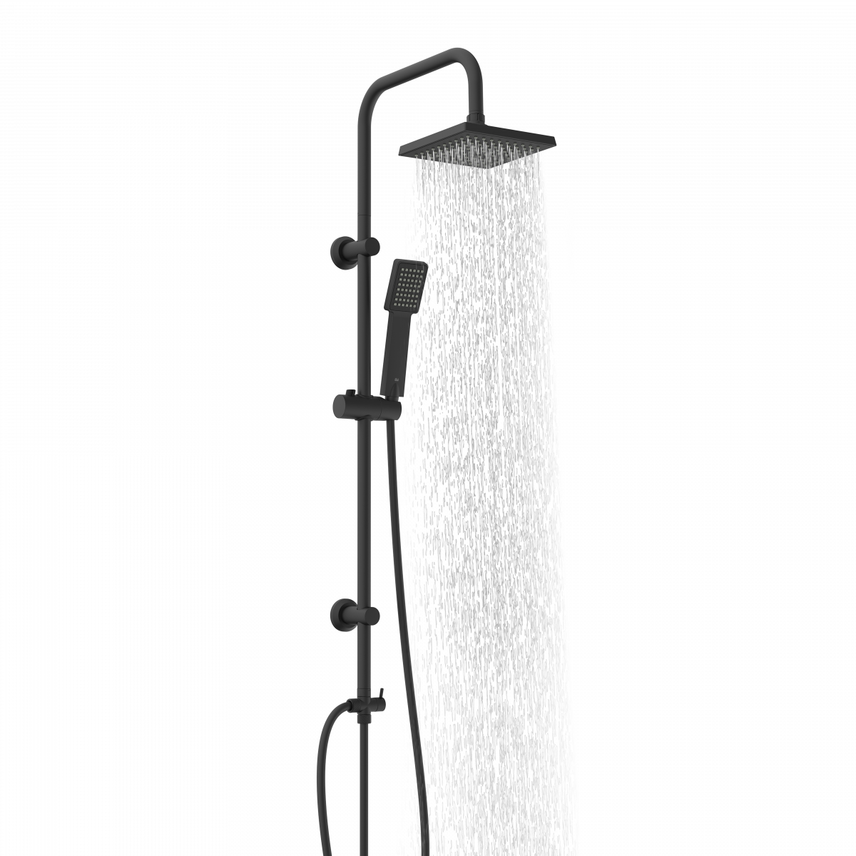 Schwarzes Duschsystem mit eckiger Kopfbrause, Handbrause und fließendem Wasserstrahl.
