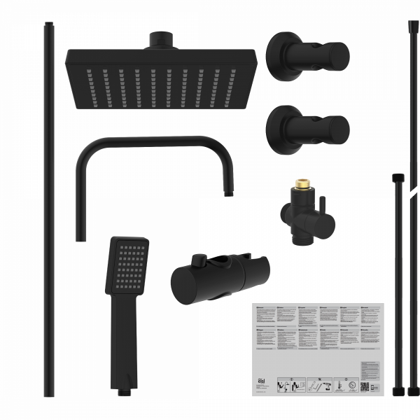 Schwarzes Duschset mit eckiger Kopfbrause, Handbrause, Armaturen und Montagematerial.