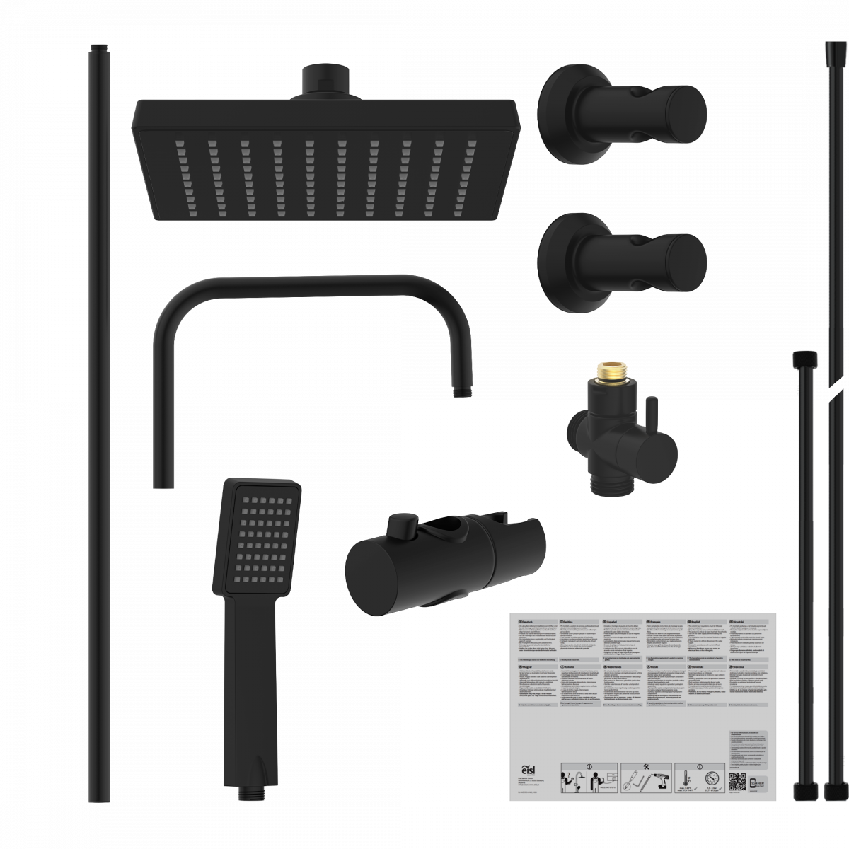 Schwarzes Duschset mit eckiger Kopfbrause, Handbrause, Armaturen und Montagematerial.