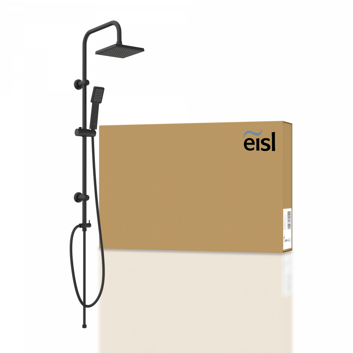 Schwarzes Duschsystem mit eckiger Kopf- und Handbrause vor braunem Karton mit eisl-Logo.