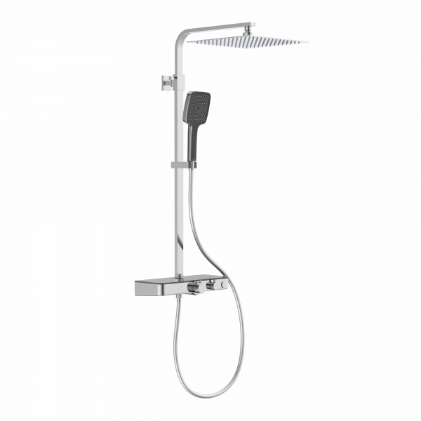 Chromfarbenes Duschsystem mit quadratischer Kopfbrause, Handbrause und Thermostatarmatur.