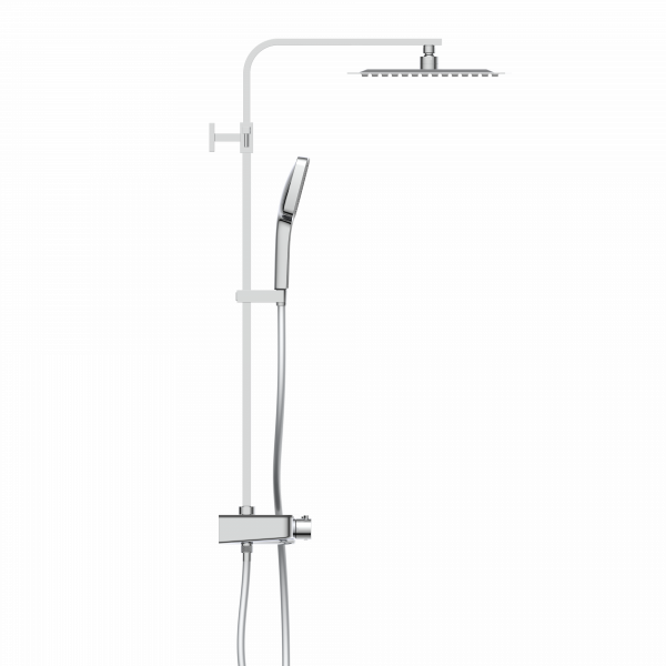Chromfarbenes Duschsystem mit eckiger Kopfbrause, Handbrause und Thermostatarmatur.