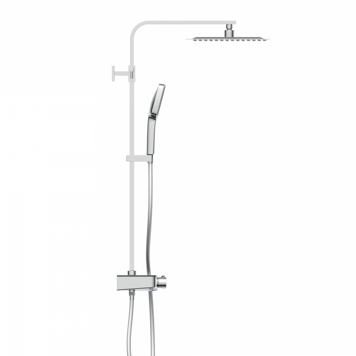 Chromfarbenes Duschsystem mit eckiger Kopfbrause, Handbrause und Thermostatarmatur.