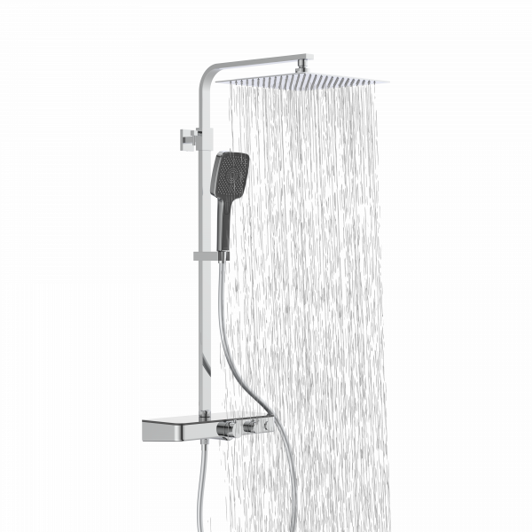 Duschsystem mit quadratischem Regenduschkopf und Handbrause Thermostat mit Ablage , Wasser läuft aus dem Duschkopf.