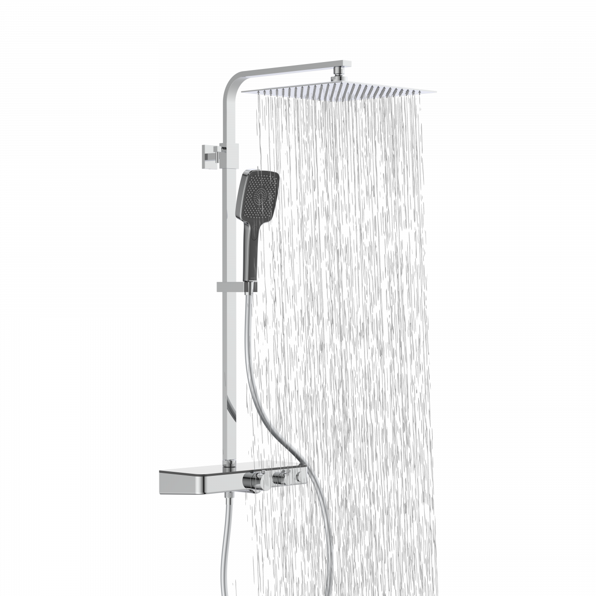Duschsystem mit quadratischem Regenduschkopf und Handbrause Thermostat mit Ablage , Wasser läuft aus dem Duschkopf.