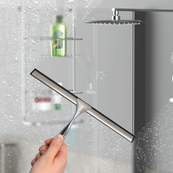 Hand wischt mit Duschabzieher Wasser von gläserner Duschwand in moderner Dusche.
