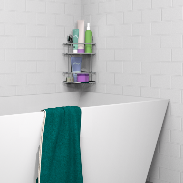 Weiße Badewanne mit türkisfarbenem Handtuch, Wandregal mit Pflegeprodukten darüber.