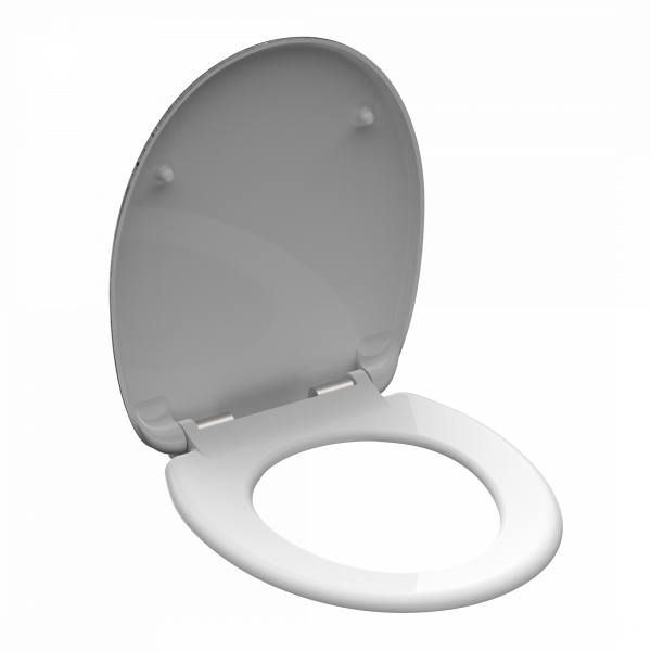 Weißer WC-Sitz mit geöffnetem Deckel und silbernen Scharnieren.