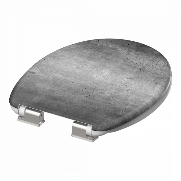 Ovaler WC-Sitz mit grauer Betonoptik und silbernen Metallscharnieren.
