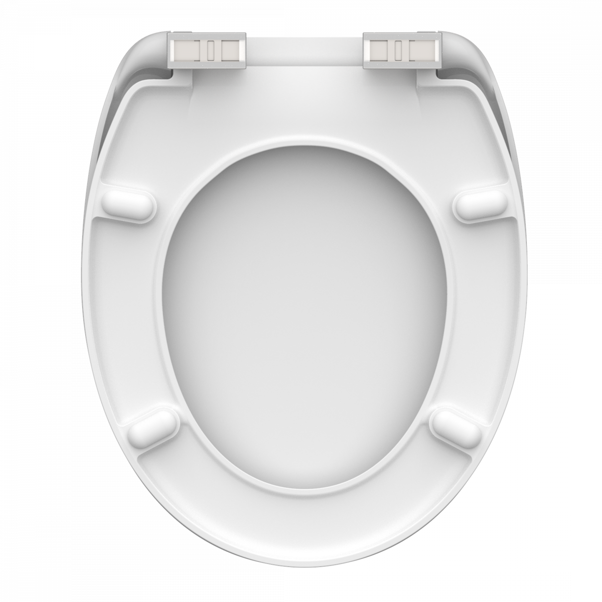 Weiße WC-Sitzbrille aus Kunststoff mit Scharnieren und vier Auflagepunkten.
