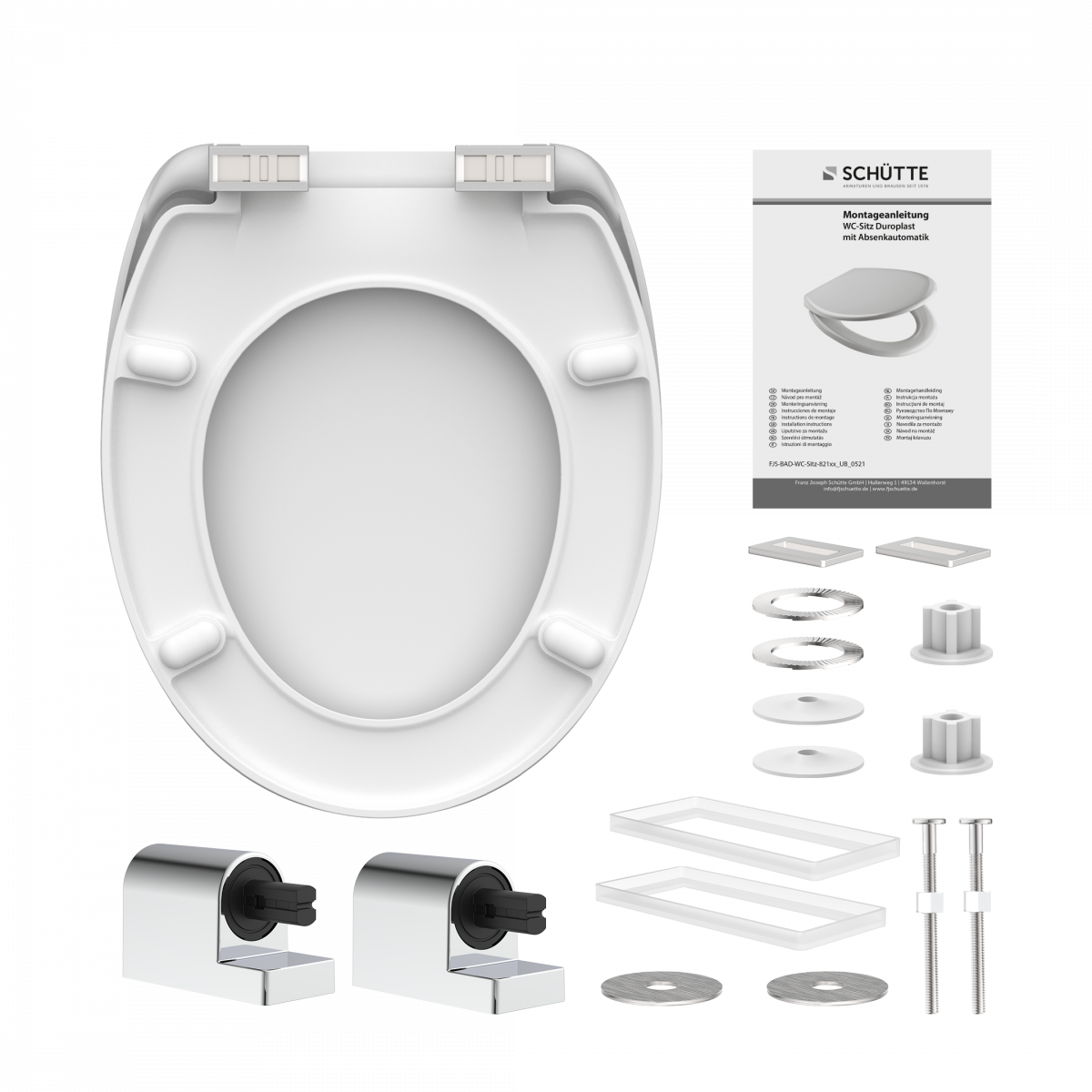 Weißer WC-Sitz mit Absenkautomatik, gezeigt mit Montagematerial und Anleitung.
