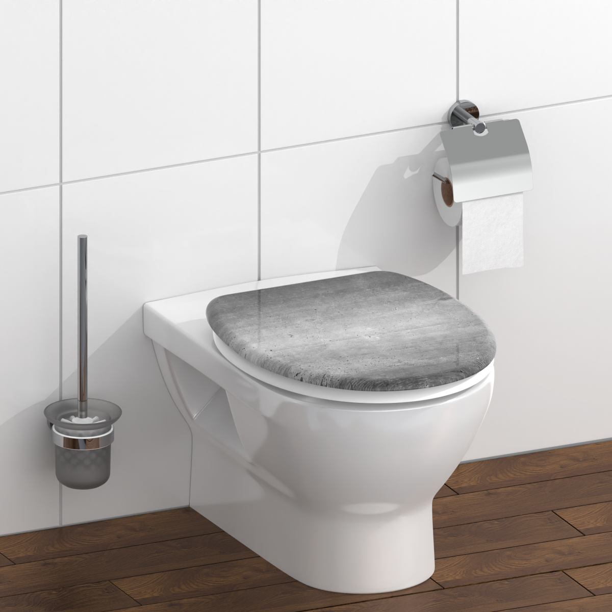 Wandhängende weiße Toilette mit grauem WC-Sitz, Toilettenbürste und Papierhalter.