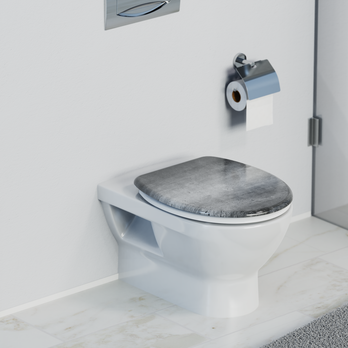 Wandhängende weiße Toilette mit geschlossenem grauem WC-Sitz und Toilettenpapierhalter.