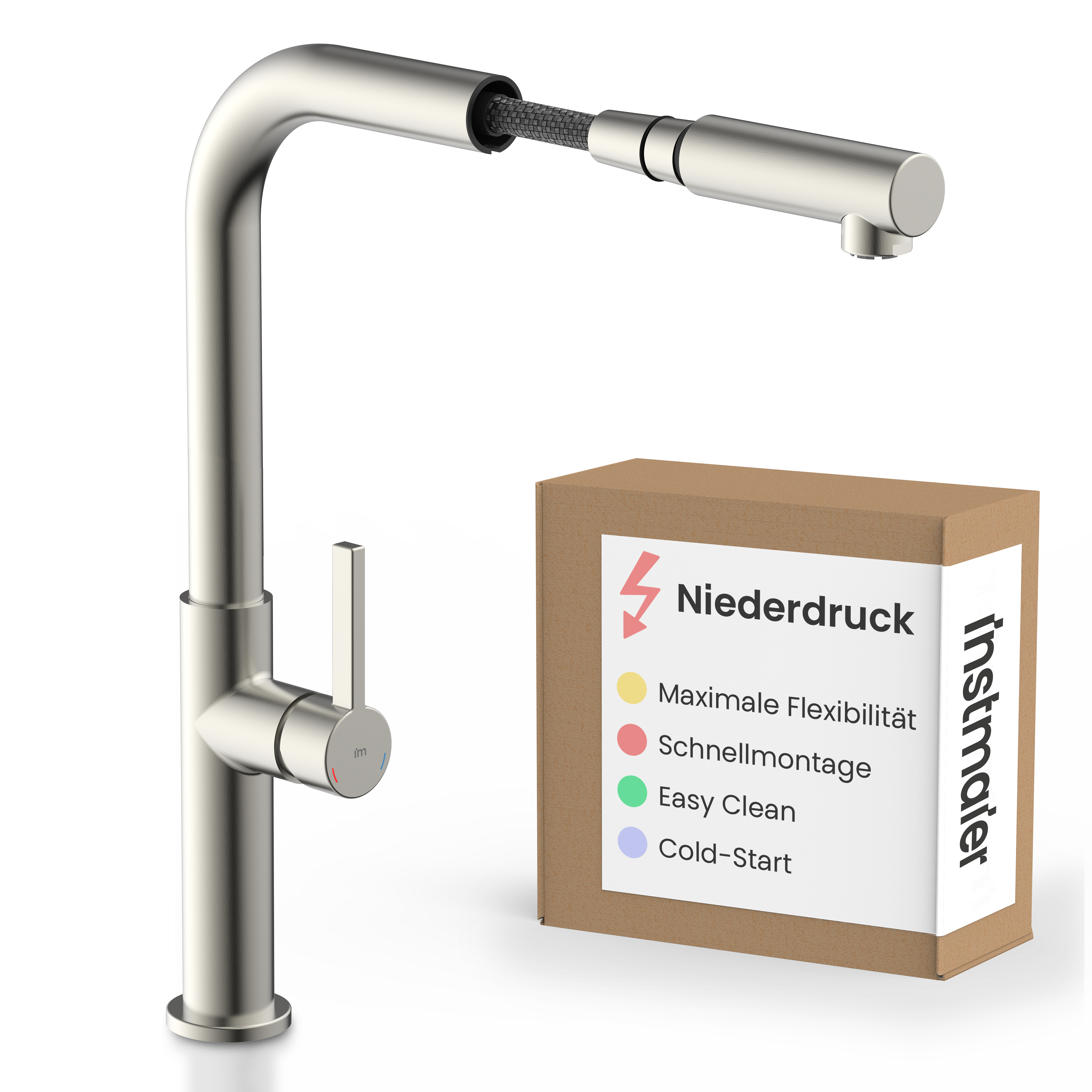 Küchenarmatur, mit herausziehbarer Geschirrbrause, Edelstahloptik, Wasserhahn Küche, Spültischarmatur mit Niederdruck - Cassia