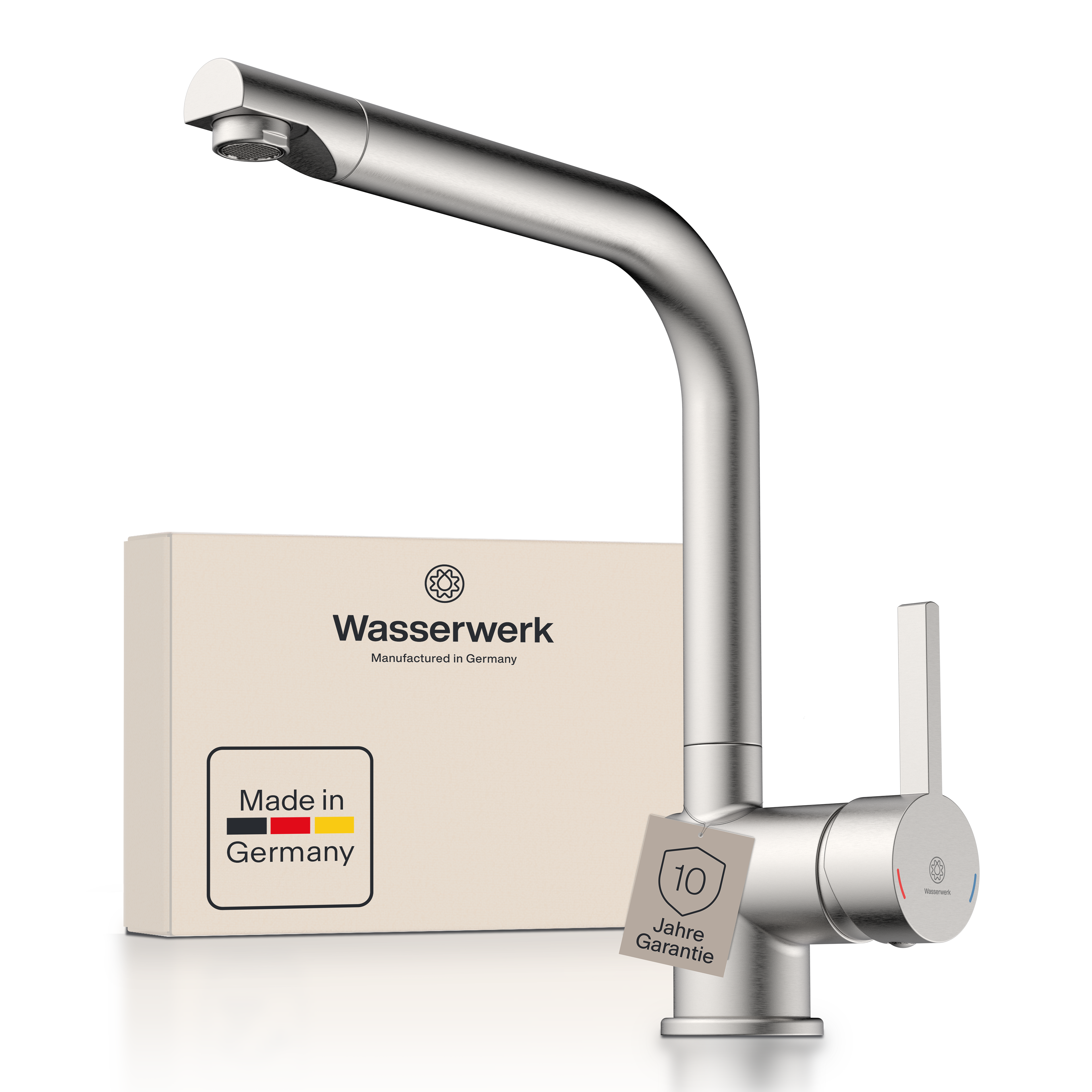 Küchenarmatur WK 4 Made in Germany, Edelstahloptik, Spültischarmatur mit L-Auslauf, Verbrühschutz, Wasserhahn Küche, Wasserwerk