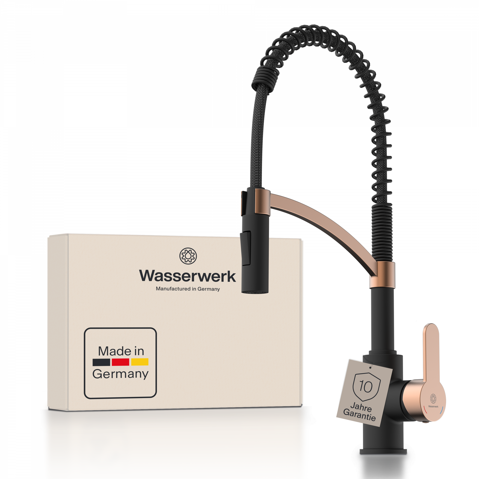 Küchenarmatur WK 3 Made in Germany, Schwarz/Roségold, Spiralfeder, Geschirrbrause, 2 Strahlarten, Spültischarmatur, Wasserhahn Küche, Wasserwerk