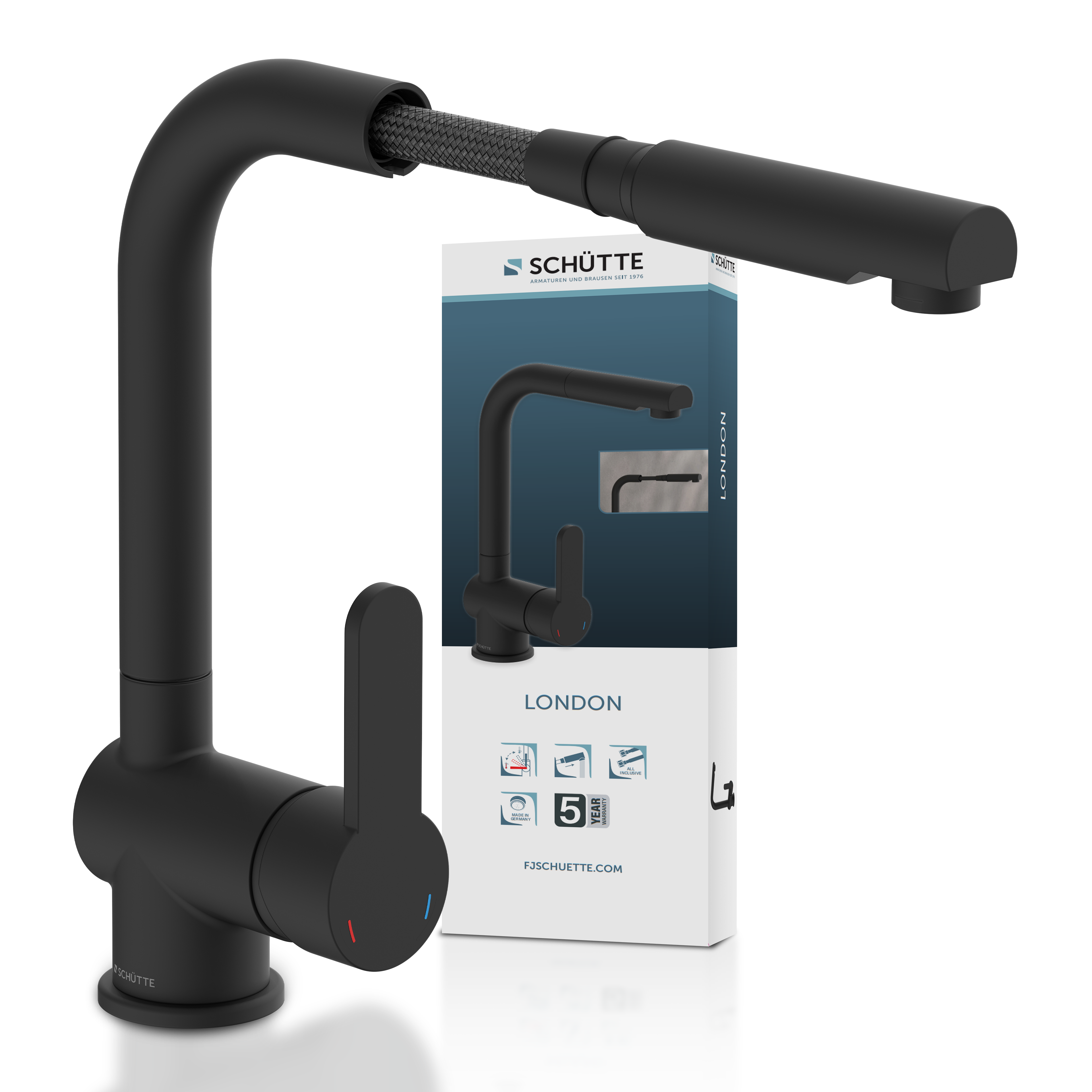 SCHÜTTE Küchenarmatur LONDON, Schwarz matt, Wasserhahn für die Küche mit herausziehbarer Geschirrbrause, Mischbatterie Küche